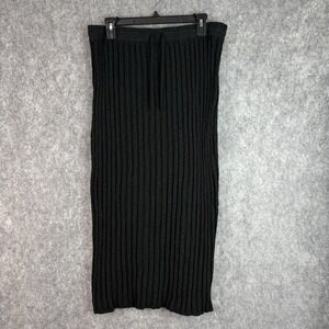 Free People Beach Veda Ribbed Knit Midi Skirt Black Size L Stretch Cotton Linen